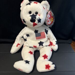 RARE  Glory the Bear Beanie Baby Plush Toy TY White With Red And Blue Stars , Am